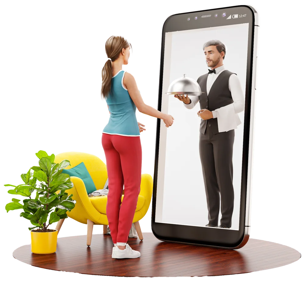 A customer receiving a covered dish from a waiter stepping out of a phone screen