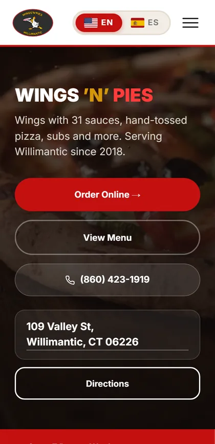 Wings'N'Pies Willimantic mobile website