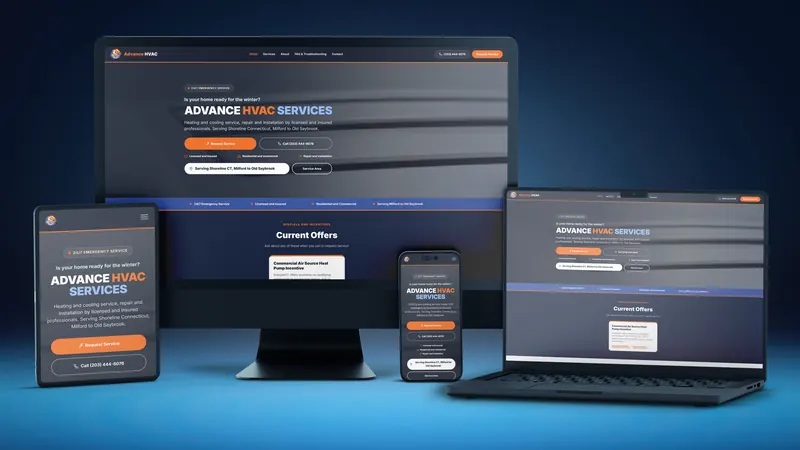 Advance HVAC Services website on a desktop, laptop, tablet and phone