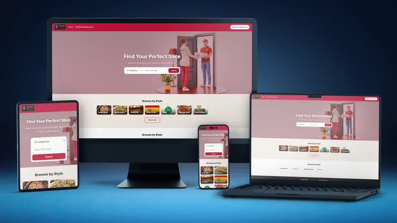 America Pizza Directory website on a desktop, laptop, tablet and phone