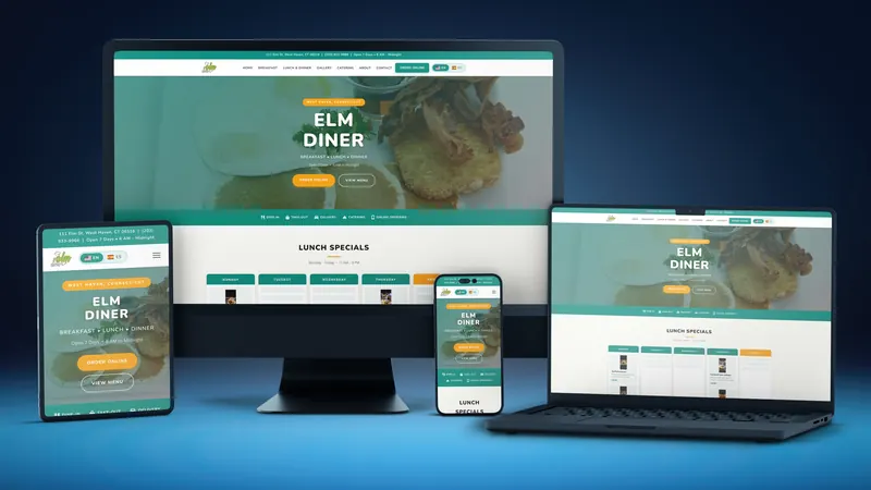 Elm Diner website on a desktop, laptop, tablet and phone