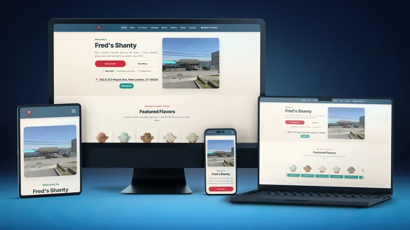 Fred's Shanty website on a desktop, laptop, tablet and phone