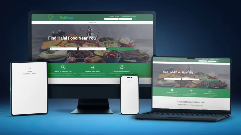 Halal Food Locator website on a desktop, laptop, tablet and phone