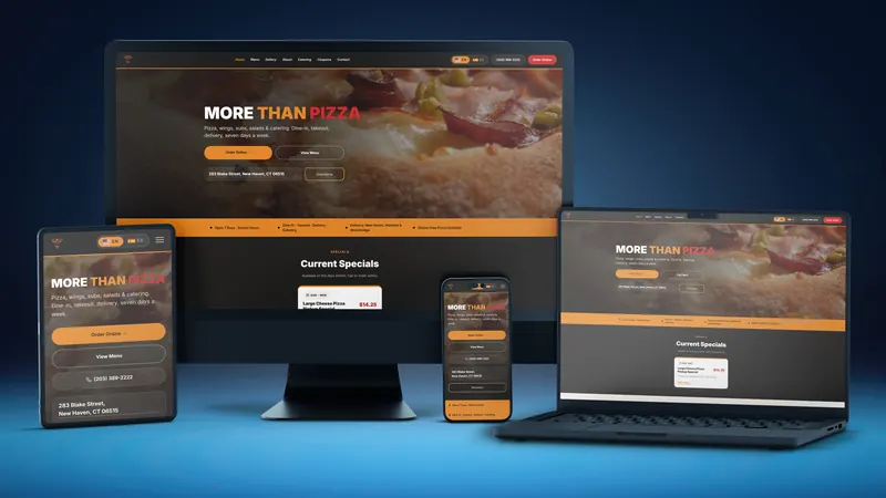 More Than Pizza website on a desktop, laptop, tablet and phone