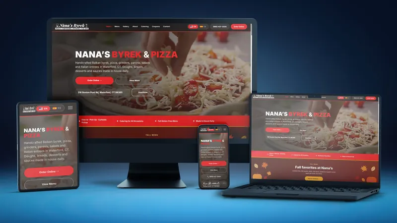 Nana's Byrek & Pizza website on a desktop, laptop, tablet and phone