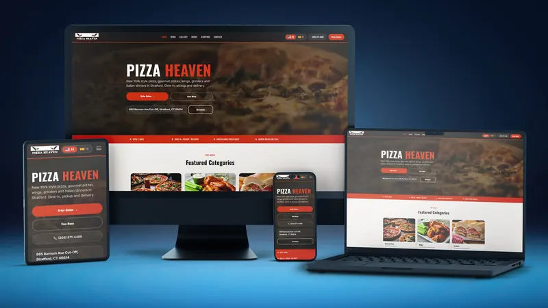Pizza Heaven Stratford website on a desktop, laptop, tablet and phone