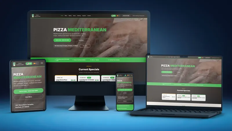 Pizza Mediterranean website on a desktop, laptop, tablet and phone