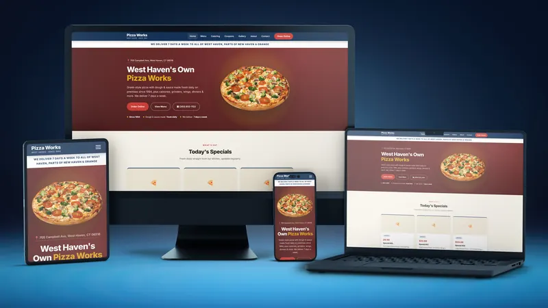 Pizza Works website on a desktop, laptop, tablet and phone