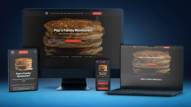 Pop's Family Restaurant website on a desktop, laptop, tablet and phone