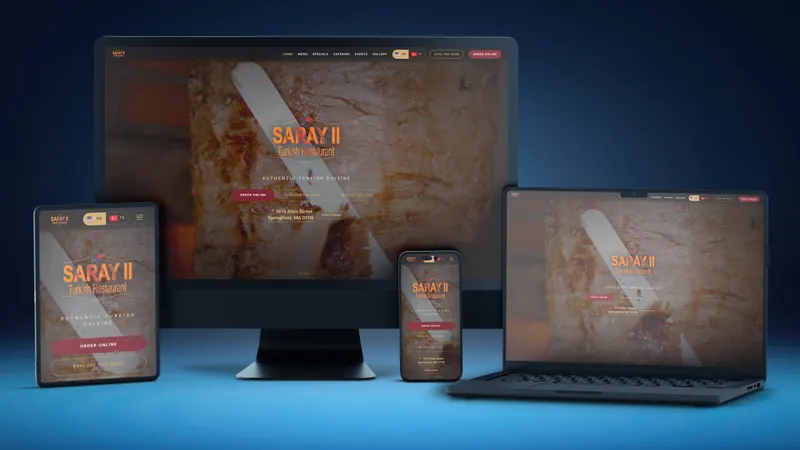 Saray 2 Turkish Restaurant website on a desktop, laptop, tablet and phone