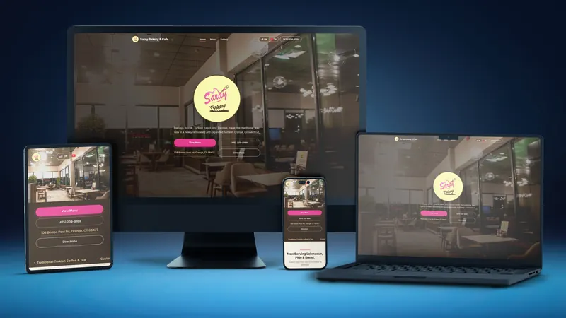 Saray Bakery & Cafe website on a desktop, laptop, tablet and phone