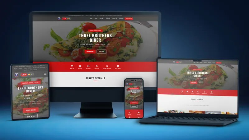 Three Brothers Diner website on a desktop, laptop, tablet and phone