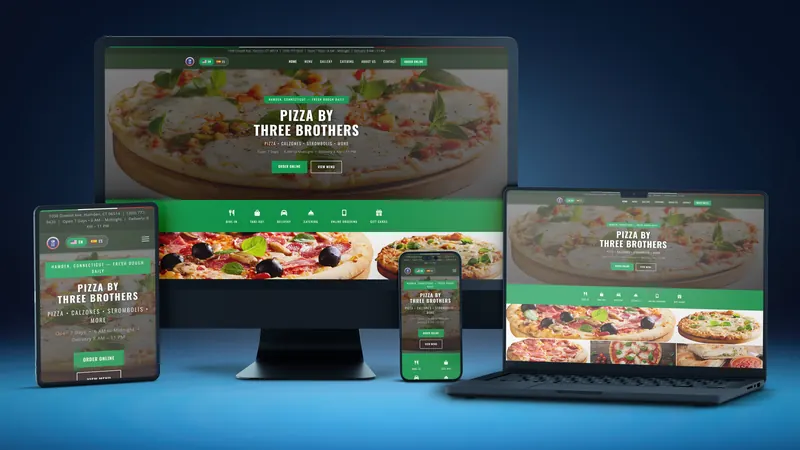 Pizza by Three Brothers website on a desktop, laptop, tablet and phone