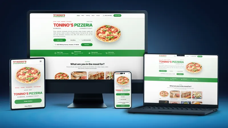 Tonino's Pizzeria website on a desktop, laptop, tablet and phone
