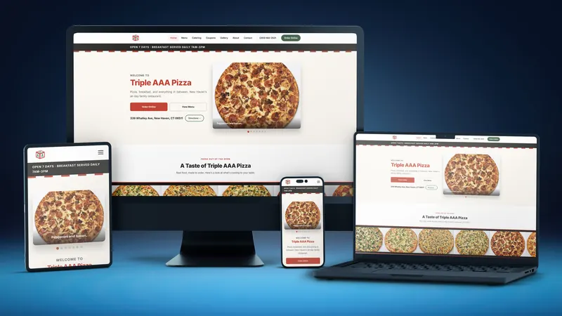 Triple A Pizza website on a desktop, laptop, tablet and phone