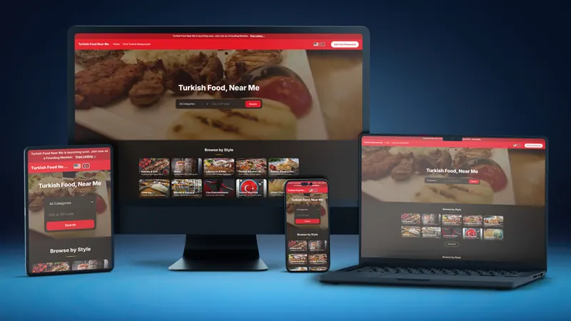 Turkish Food Near Me website on a desktop, laptop, tablet and phone