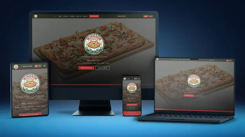 Windsor Pizza website on a desktop, laptop, tablet and phone