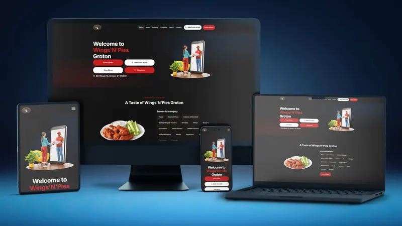 Wings'N'Pies Groton website on a desktop, laptop, tablet and phone