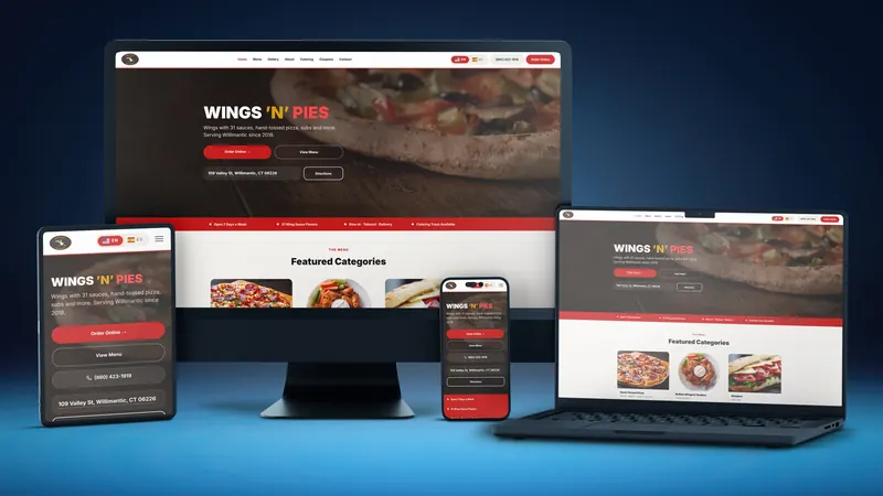 Wings'N'Pies Willimantic website on a desktop, laptop, tablet and phone